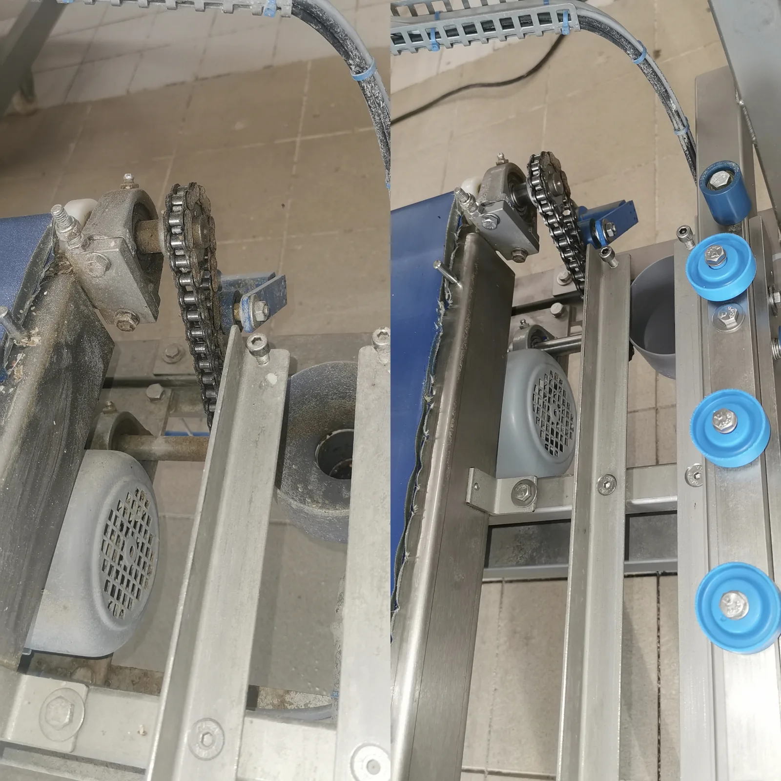 Kettenantrieb einer Maschine vor und nach der Reinigung mit Trockeneis
