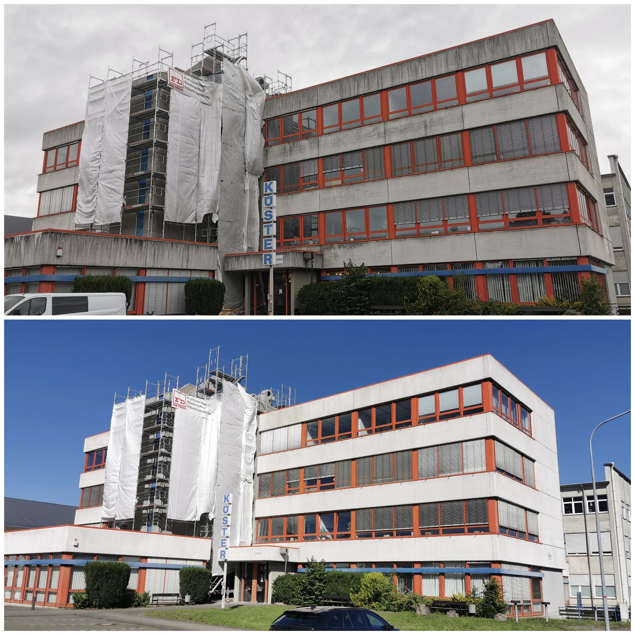 Gebäudefassade vor und nach einer materialschonenden Reinigung