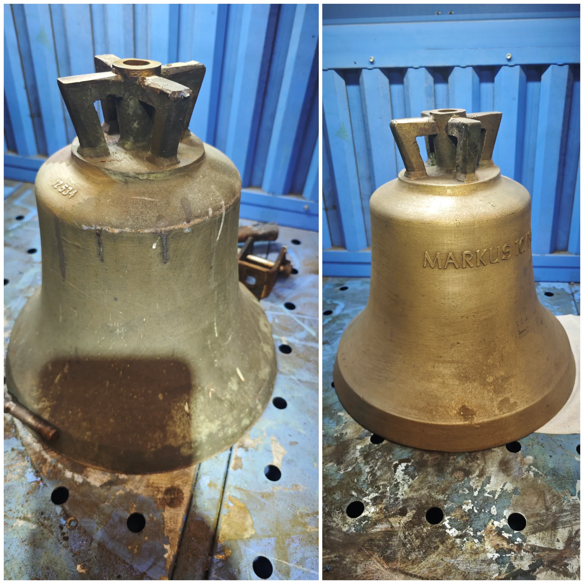 Metallglocke vor und nach der Laserreinigung