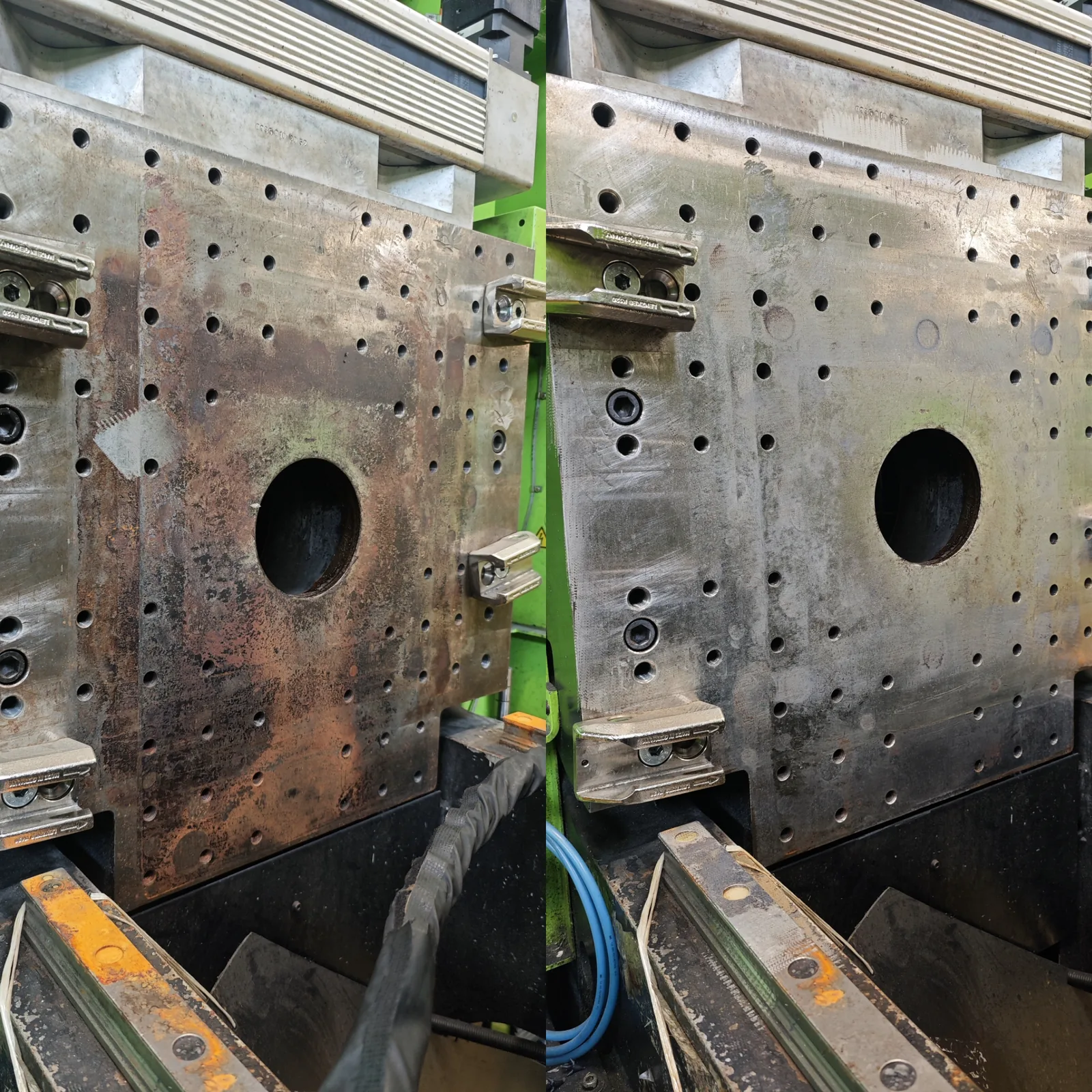 Maschinenbauteil vor und nach der Reinigung mit Trockeneis