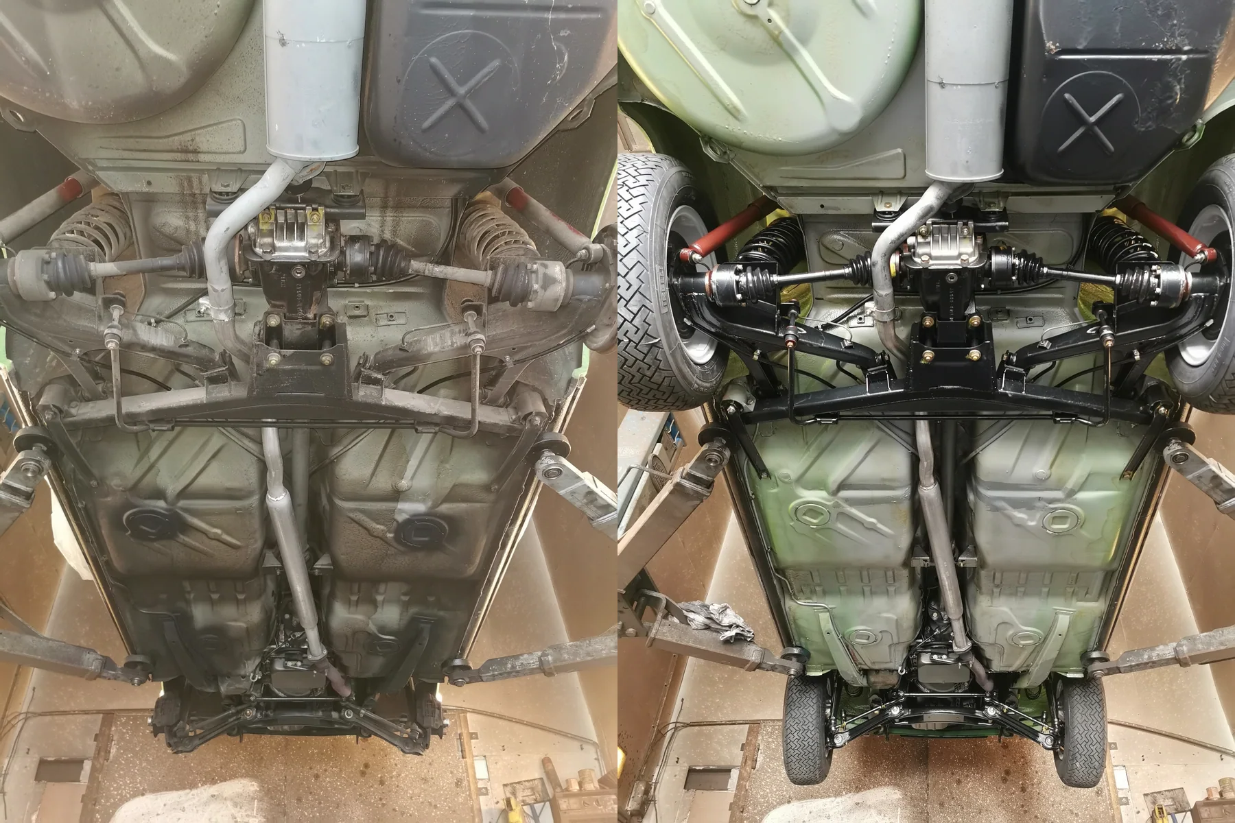 Oldtimer-Unterboden und Achsen vor und nach der Trockeneisreinigung