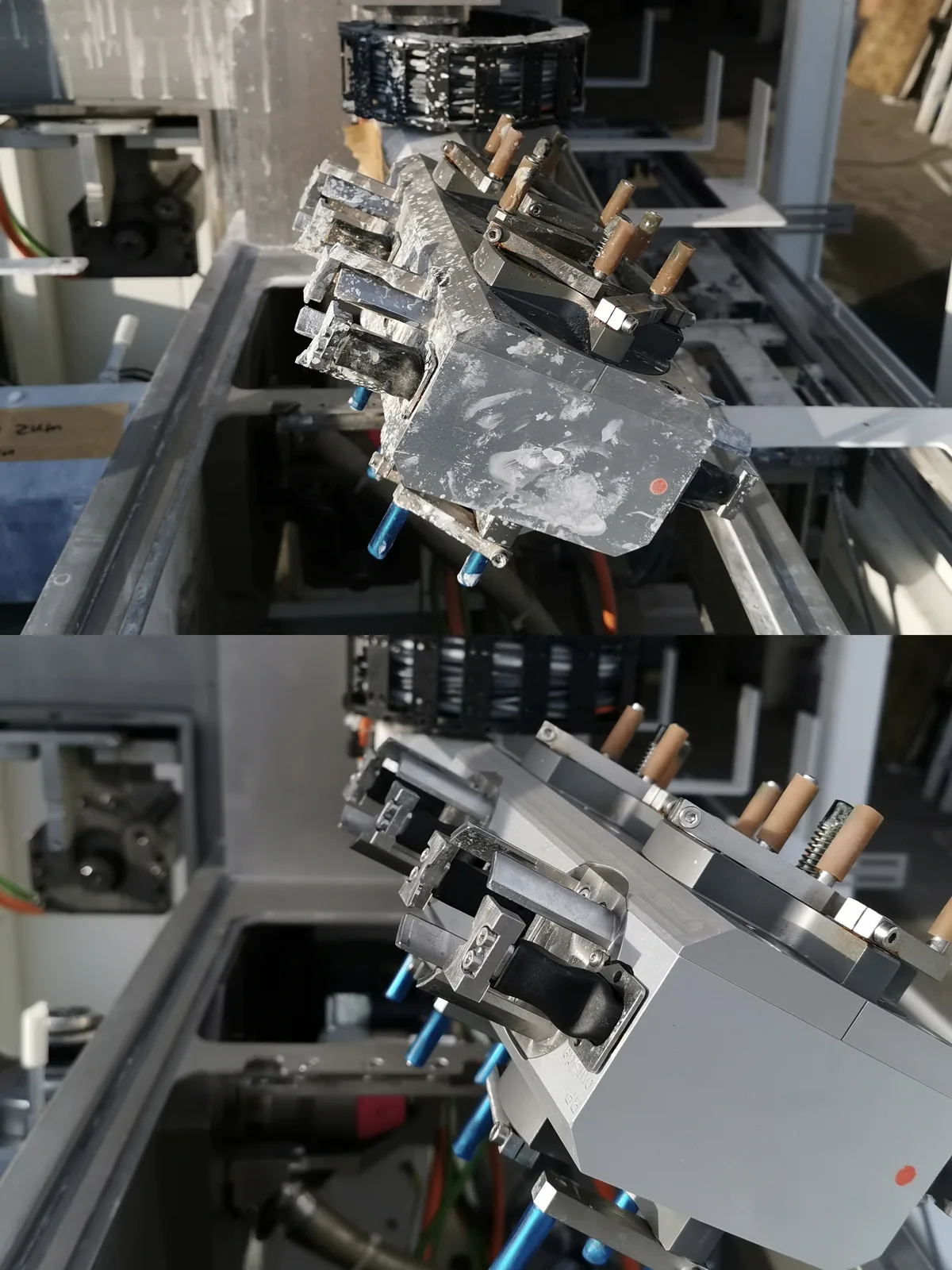 Werkzeugaufnahme einer Produktionsmaschine vor und nach dem Trockeneisstrahlen